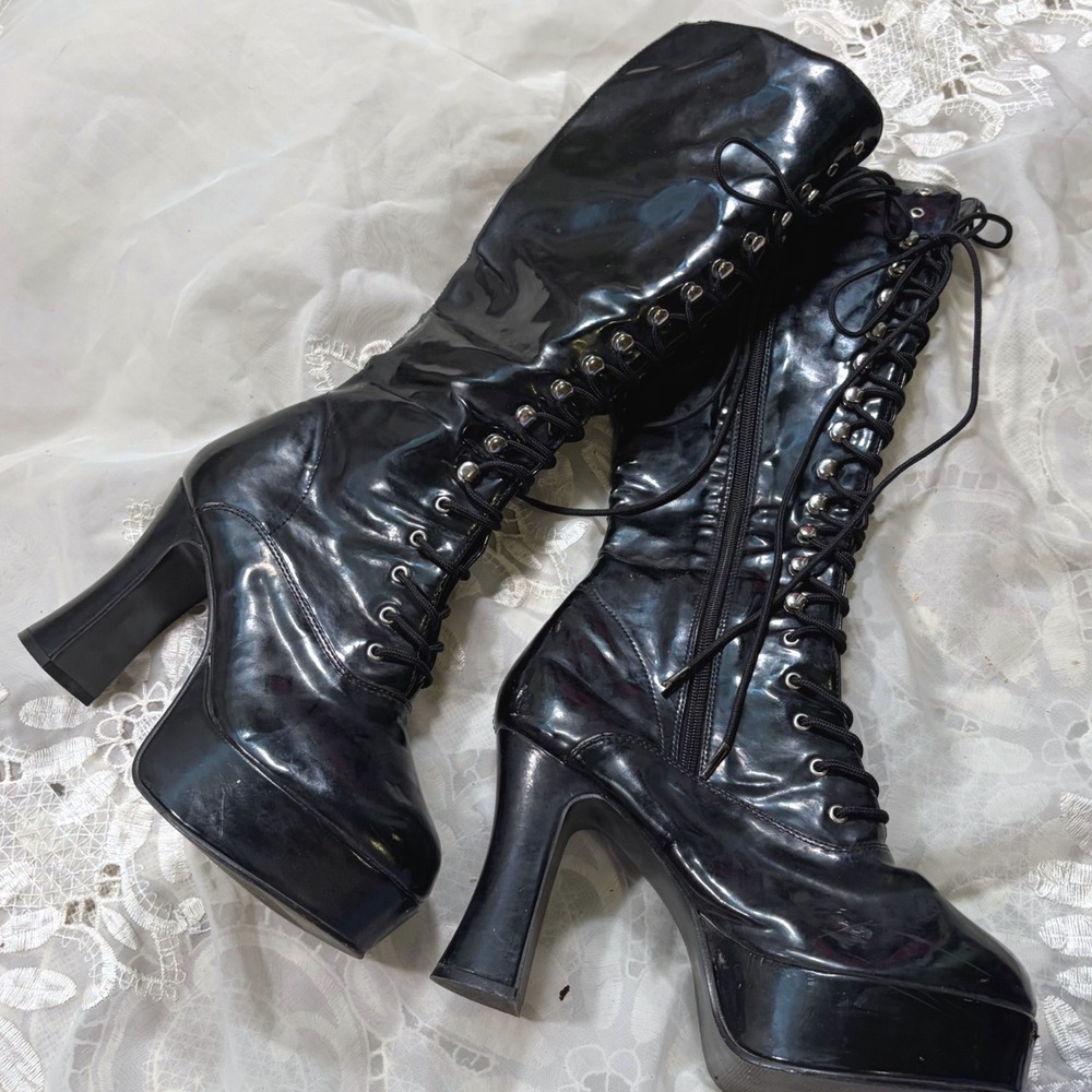 Black Demonia Style Platform Knee High Boots Lace Up Goth Punk Chunky Heel